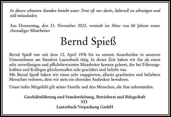 Traueranzeige von Bernd Spieß von VRM Trauer