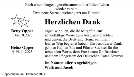 Traueranzeige von Betty Opper von Starkenburger Echo