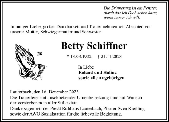 Traueranzeige von Betty Schiffner von VRM Trauer