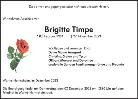Traueranzeige von Brigitte Timpe von Wormser Zeitung