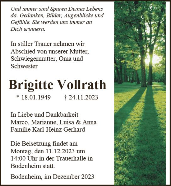 Traueranzeige von Brigitte Vollrath von Allgemeine Zeitung Mainz
