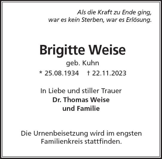 Traueranzeige von Brigitte Weise von Idsteiner Land/Untertaunus