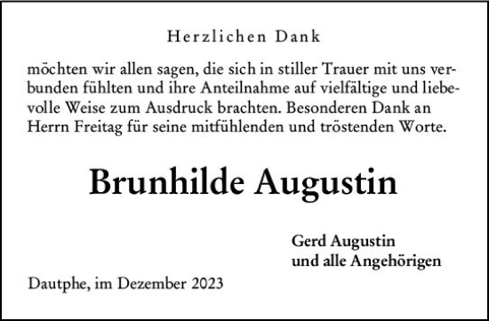 Traueranzeige von Brunhilde Augustin von Hinterländer Anzeiger