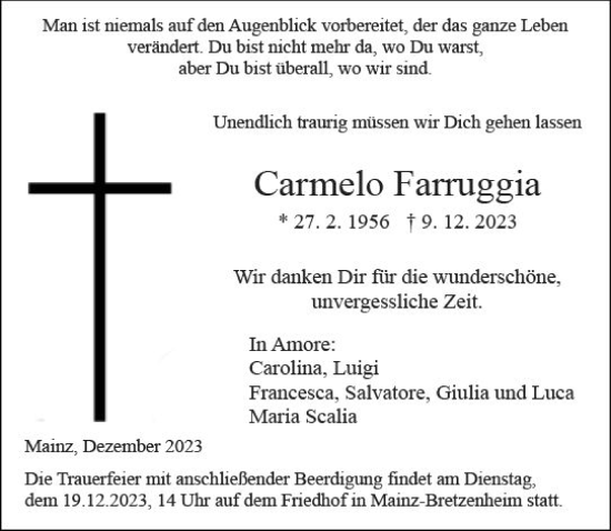 Traueranzeige von Carmelo Farruggia von Allgemeine Zeitung Mainz
