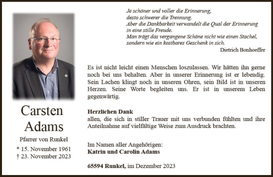 Traueranzeige von Carsten Adams von Nassauische Neue Presse