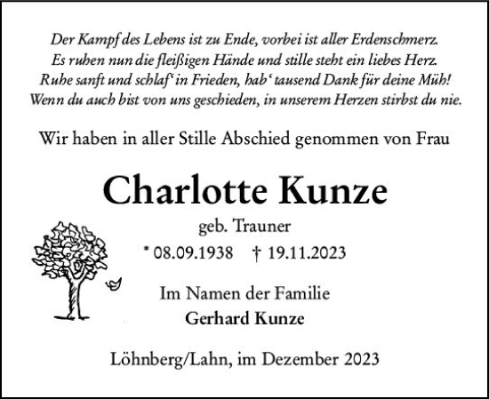 Traueranzeige von Charlotte Kunze von Weilburger Tageblatt