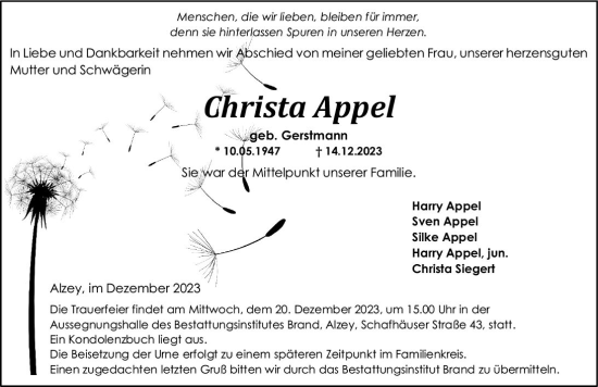 Traueranzeige von Christa Appel von Allgemeine Zeitung Alzey