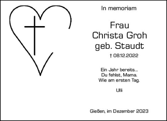 Traueranzeige von Christa Groh von Wetzlarer Neue Zeitung