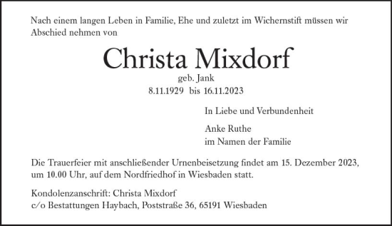Traueranzeige von Christa Mixdorf von Wiesbadener Kurier