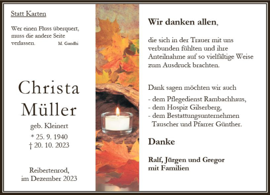 Traueranzeige von Christa Müller von Oberhessen Kurier