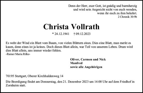 Traueranzeige von Christa Vollrath von Allgemeine Zeitung Mainz