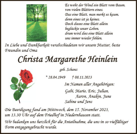 Traueranzeige von Christa Margarethe Heinlein von Darmstädter Echo