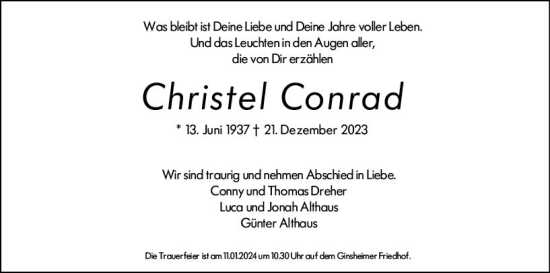 Traueranzeige von Christel Conrad von Allgemeine Zeitung Mainz