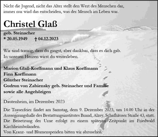 Traueranzeige von Christel Glaß von Allgemeine Zeitung Alzey