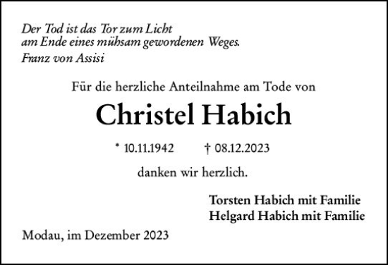 Traueranzeige von Christel Habich von Darmstädter Echo