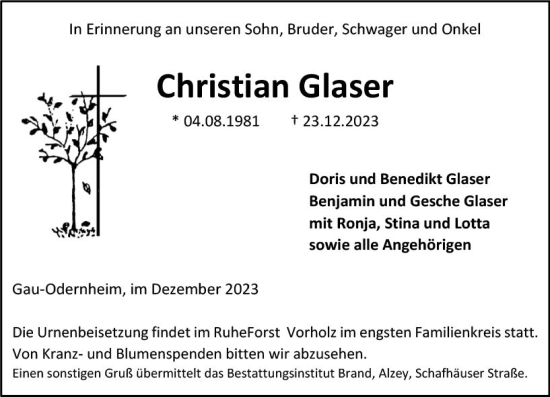 Traueranzeige von Christian Glaser von Allgemeine Zeitung Alzey