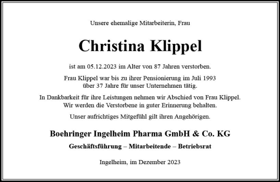 Traueranzeige von Christina Klippel von Allgemeine Zeitung Bingen/Ingelheim