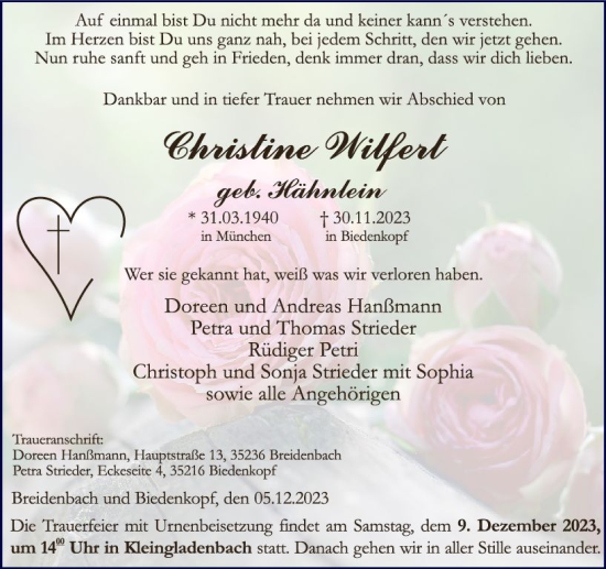 Traueranzeige von Christine Wilfert von Hinterländer Anzeiger