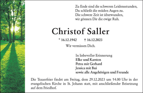 Traueranzeige von Christof Saller von Allgemeine Zeitung Bingen/Ingelheim