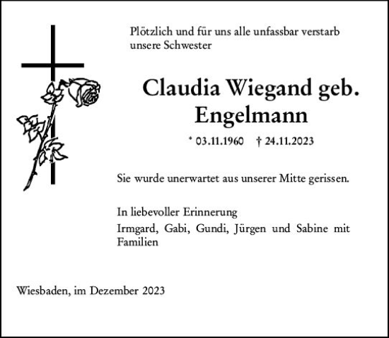 Traueranzeige von Claudia Wiegand von Wiesbadener Kurier