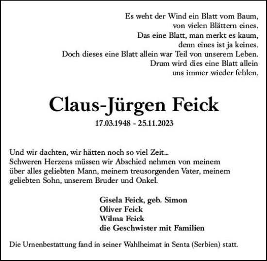 Traueranzeige von Claus-Jürgen Feick von Darmstädter Echo