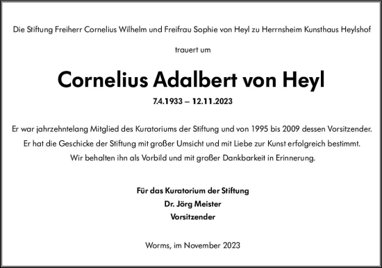 Traueranzeige von Cornelius Adalbert von Heyl von Wormser Zeitung