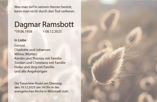 Traueranzeige von Dagmar Ramsbott von Allgemeine Zeitung Alzey