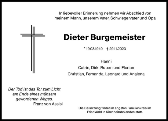 Traueranzeige von Dieter Burgemeister von Wormser Zeitung