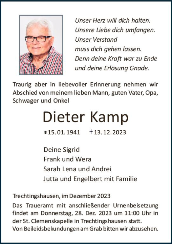Traueranzeige von Dieter Kamp von Allgemeine Zeitung Bingen/Ingelheim