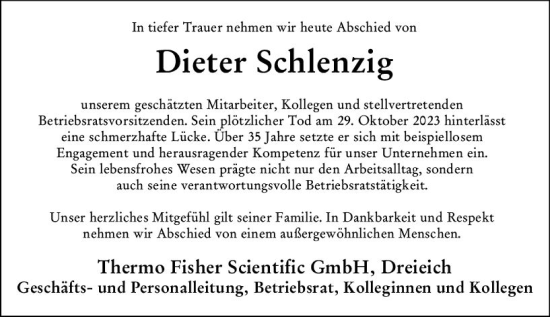 Traueranzeige von Dieter Schlenzig von Wiesbadener Kurier
