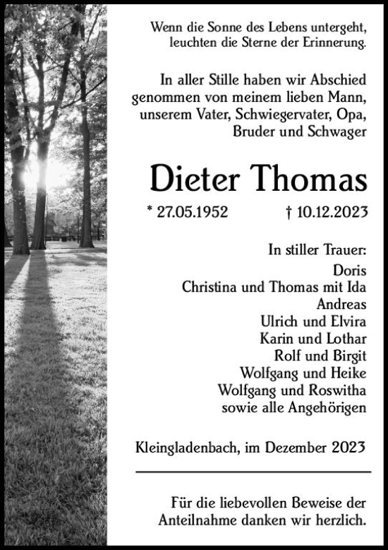Traueranzeige von Dieter Thomas von Hinterländer Anzeiger