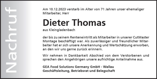 Traueranzeige von Dieter Thomas von Hinterländer Anzeiger