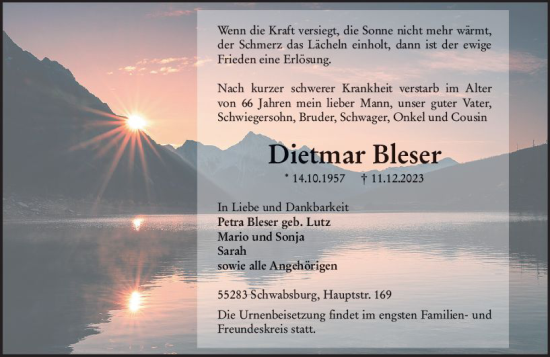 Traueranzeige von Dietmar Bleser von Allgemeine Zeitung Mainz