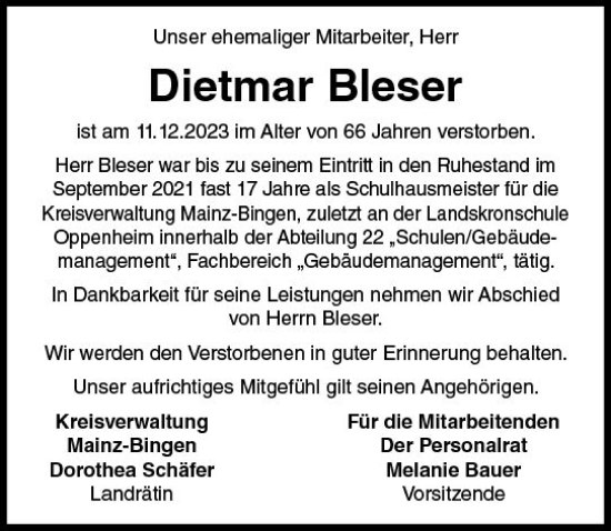 Traueranzeige von Dietmar Bleser von Allgemeine Zeitung Mainz