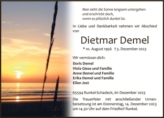 Traueranzeige von Dietmar Demel von Weilburger Tageblatt