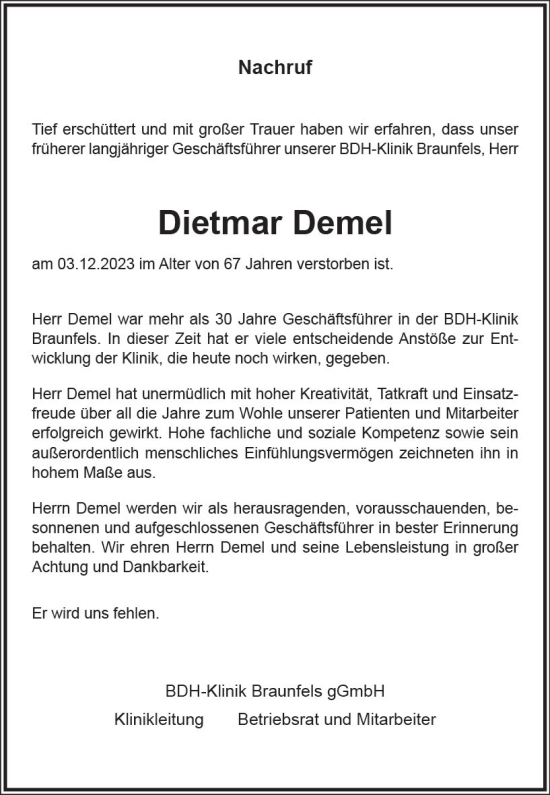 Traueranzeige von Dietmar Demel von Wetzlarer Neue Zeitung