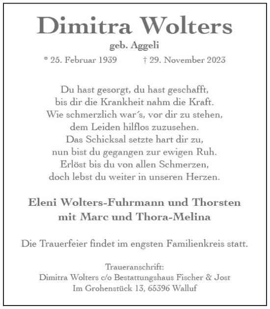 Traueranzeige von Dimitra Wolters von Wiesbadener Kurier