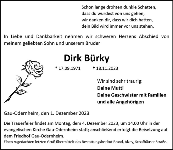 Traueranzeige von Dirk Bürky von Allgemeine Zeitung Alzey