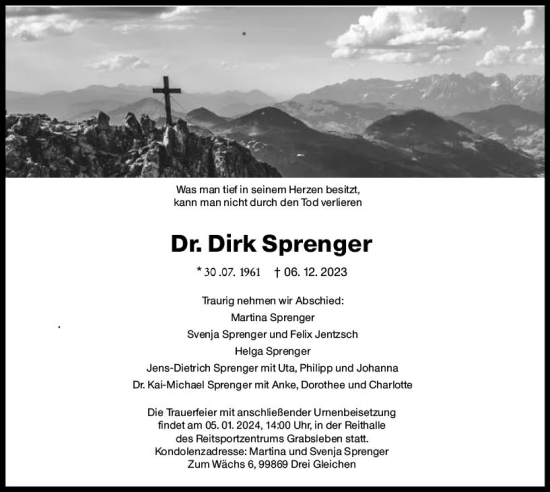 Traueranzeige von Dirk Sprenger von Allgemeine Zeitung Mainz