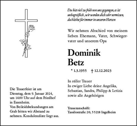 Traueranzeige von Dominik Betz von Allgemeine Zeitung Mainz
