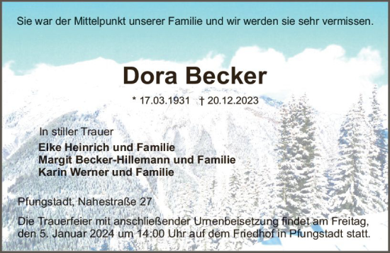 Traueranzeige von Dora Becker von Darmstädter Echo