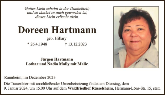 Traueranzeige von Doreen Hartmann von Rüsselsheimer Echo