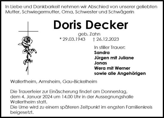 Traueranzeige von Doris Decker von Allgemeine Zeitung Alzey