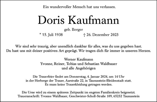 Traueranzeige von Doris Kaufmann von Wiesbadener Kurier