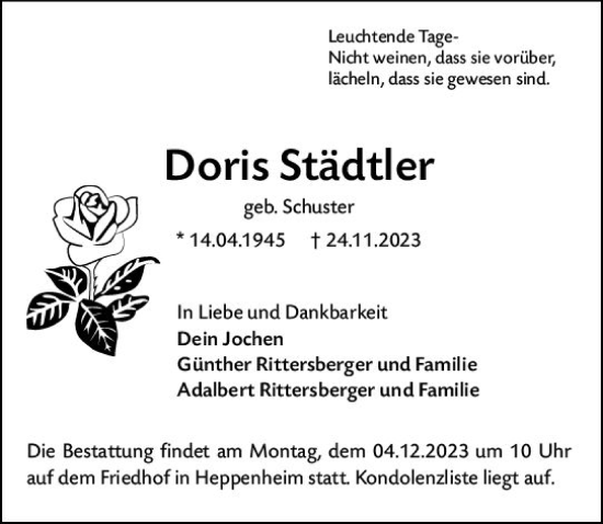 Traueranzeige von Doris Städtler von Starkenburger Echo