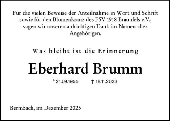 Traueranzeige von Eberhard Brumm von Weilburger Tageblatt