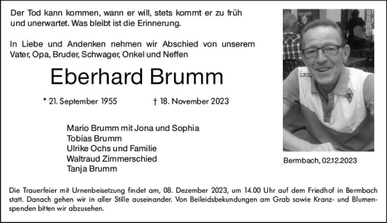 Traueranzeige von Eberhard Brumm von Weilburger Tageblatt