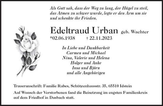 Traueranzeige von Edeltraud Urban von Idsteiner Land/Untertaunus