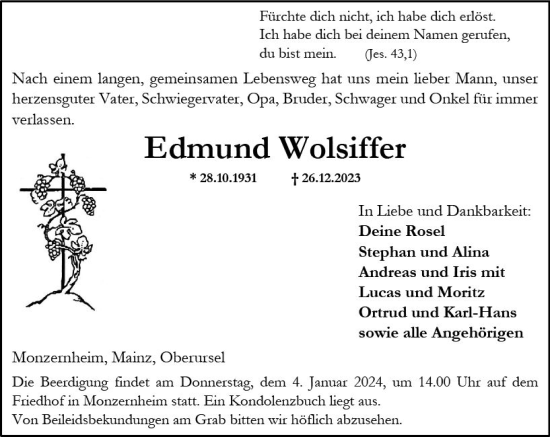 Traueranzeige von Edmund Wolsiffer von Allgemeine Zeitung Alzey