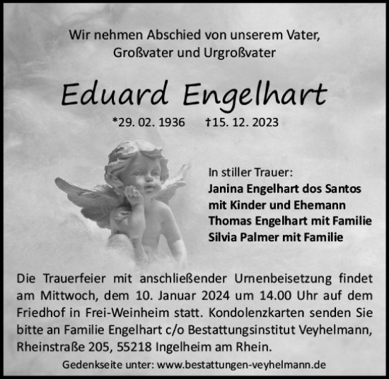 Traueranzeige von Eduard Engelhart von Allgemeine Zeitung Bingen/Ingelheim